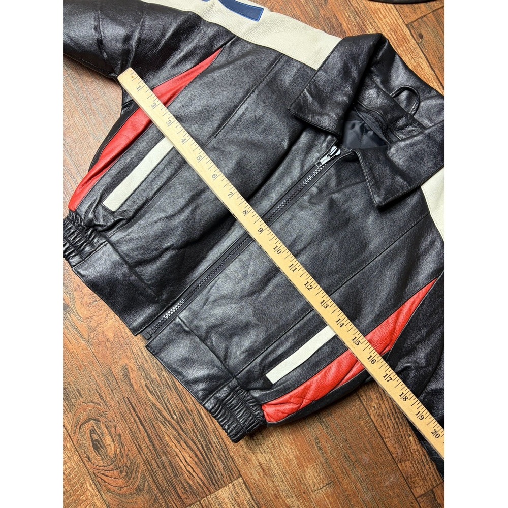 Vintage Wilda Boys  Leather Bomber Jacket USA Flag Black Small Fits 4/5 Boys - Picture 4 of 6
